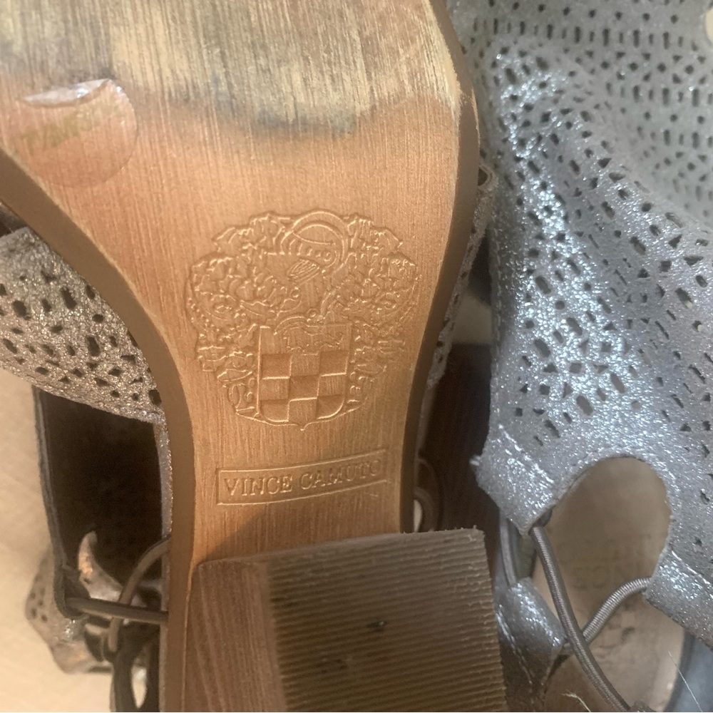 Vince Camuto Lasercut Silver Stacked Heel Sandal - Picture 7 of 9
